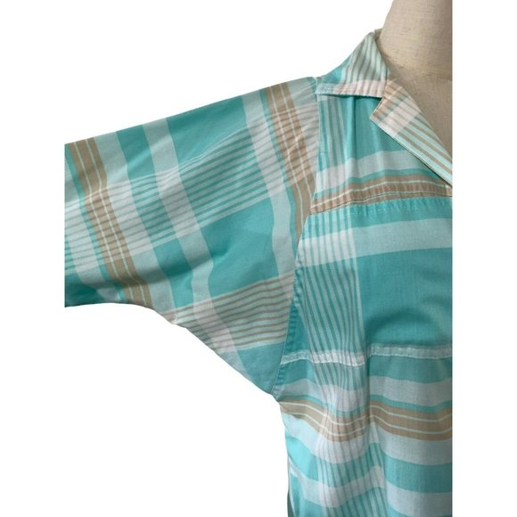Vintage top 70s 80s Blouse Shirt Button Pastel Blue Brown Bat Wing Plaid CERSE - Picture 2 of 10